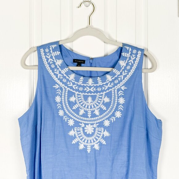 Talbots Shift Dress Women’s 14 Blue Embroidered Cotton Sleeveless Lined Knee - Picture 2 of 7